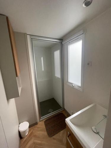 une salle de bain avec une douche, un lavabo et un miroir dans l'établissement Mobil-Home Bougainvilliers 1, à Valras-Plage
