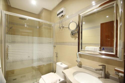a bathroom with a shower and a toilet and a sink at La Richy Jeddah in Jeddah