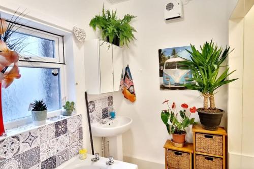 a bathroom with a sink and a toilet and plants at Cosy split-level 2 bed apartment in Leicester