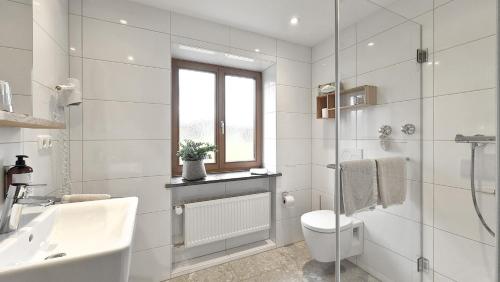 a white bathroom with a toilet and a sink at Goldvogel Apartments in Fischen