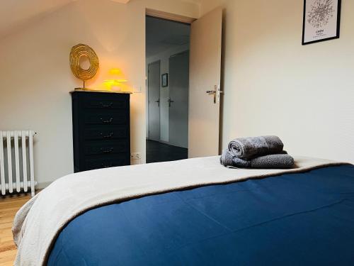 - une chambre avec un lit doté d'une couverture bleue et d'une commode dans l'établissement Le 6 appartement Centre-ville Caen - Port, à Caen