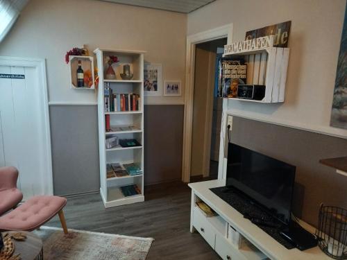 a living room with a television and a book shelf at Ferien zwischen den Meeren in Jübek