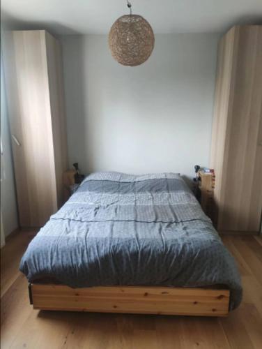 - une chambre avec un lit et une couette bleue dans l'établissement Chambre chez l'habitant en rooftop, à Ivry-sur-Seine