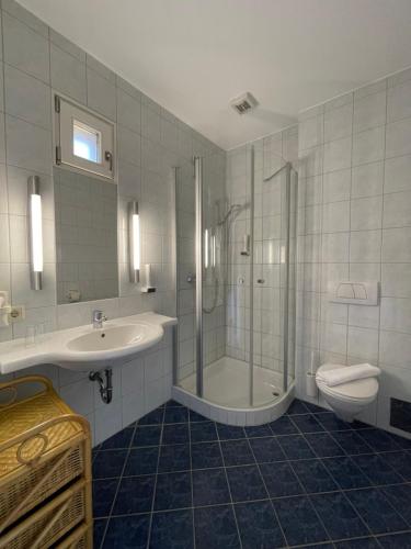 y baño con ducha, lavabo y aseo. en Landgasthof Zum Alten Weinstock en Rudersdorf