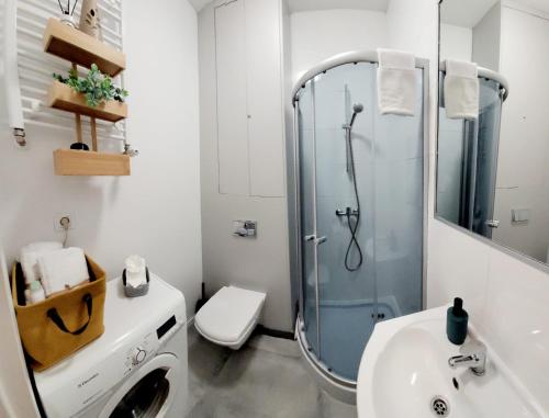 La salle de bains est pourvue d'une douche, de toilettes et d'un lavabo. dans l'établissement apartament w centrum miasta, à Bydgoszcz
