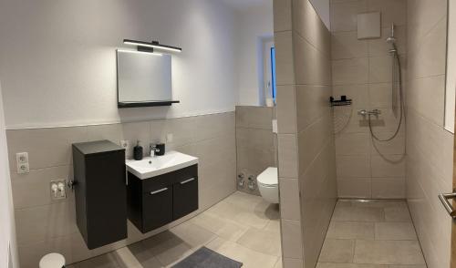 a bathroom with a toilet and a sink and a shower at Haus Sonnenwinkl in Kössen
