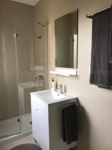 W łazience znajduje się umywalka oraz prysznic z lustrem. w obiekcie Lovely Monsanto View Studio Apartment in Campolide - 47 2D w Lizbonie