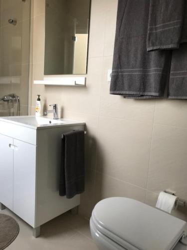 W łazience znajduje się toaleta, umywalka i lustro. w obiekcie Lovely Monsanto View Studio Apartment in Campolide - 47 2D w Lizbonie
