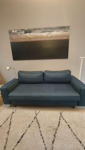 - un canapé bleu dans le salon orné d'un tableau dans l'établissement Joli studio dans maison de maître, à Collonges-au-Mont-dʼOr