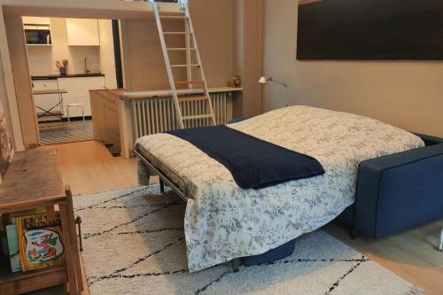 - une chambre avec un lit et une échelle sur le mur dans l'établissement Joli studio dans maison de maître, à Collonges-au-Mont-dʼOr