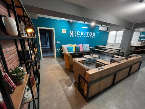a living room with a couch and a table at Mickitos Urban Hostel in Skopje