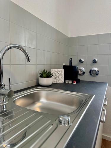 a kitchen counter with a stainless steel sink at Traumhafte Wohnung am Stadtbrunnen der Altstadt in Pfullendorf