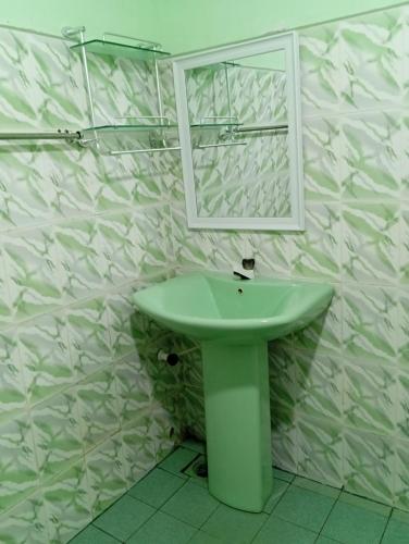 a bathroom with a green sink and a mirror at Nallur Mylooran Arangam in Jaffna