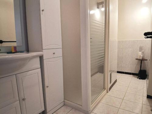 une salle de bain avec douche et lavabo dans l'établissement Studio Rénové avec Grande Terrasse et Wifi à Balaruc-les-Bains - FR-1-553-230, à Balaruc-les-Bains