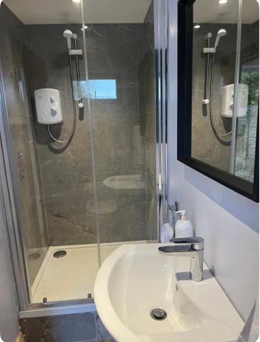 a bathroom with a shower and a white sink at Country Retreat Near Emerald Park in Dunshaughlin