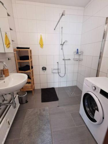 a bathroom with a washing machine and a sink at Wörthersee: Gemütliche Wohnung in Klagenfurt