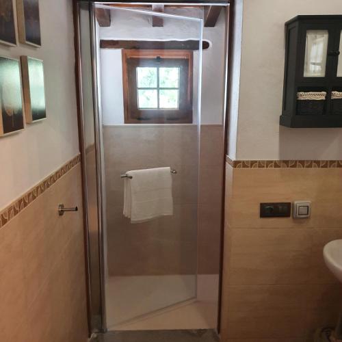 een douche met een glazen deur in de badkamer bij La Gallania de Papá Pepe in Santa Lucía