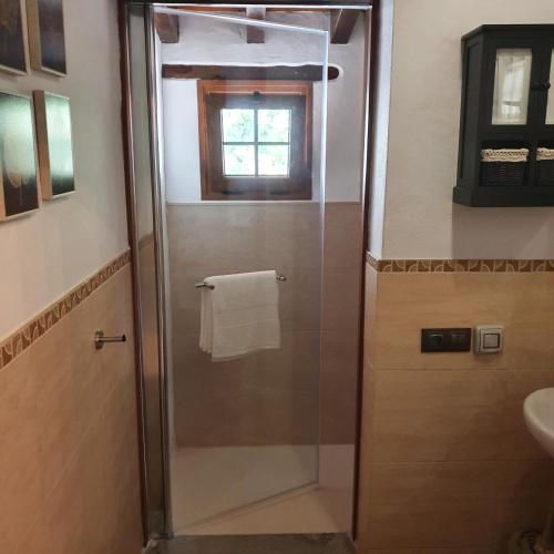 eine Dusche mit Glastür im Badezimmer in der Unterkunft La Gallania de Papá Pepe in Santa Lucía