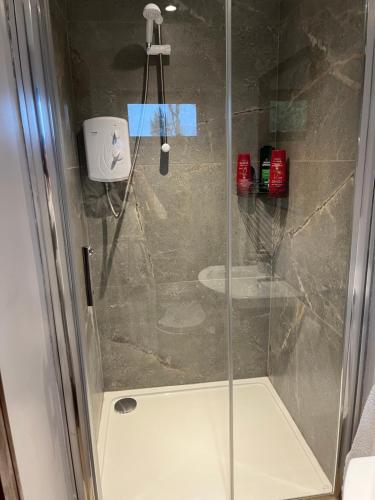 een douche met een glazen deur in de badkamer bij Country Retreat Near Emerald Park in Dunshaughlin