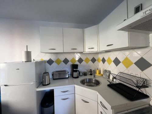 una cucina con un lavello e un frigorifero bianco di Ourea a Savignac-les-Ormeaux