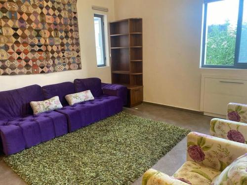 a living room with a purple couch and a rug at Golden key in Jerusalem