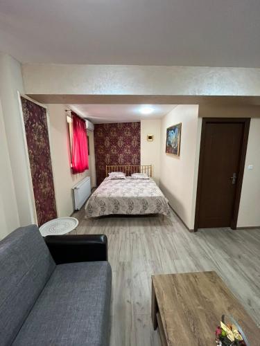 salon z łóżkiem i kanapą w obiekcie Solaria Apartment w mieście Gałacz