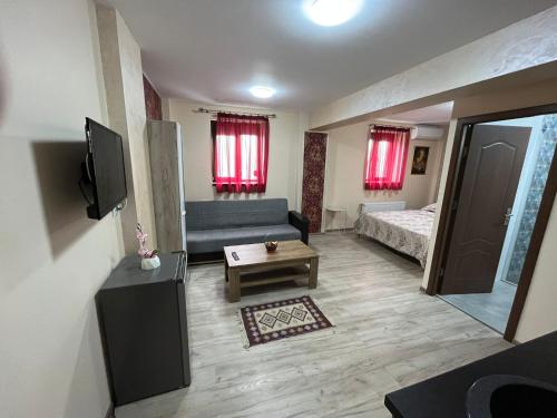 a living room with a couch and a bed at Solaria Apartment in Galaţi