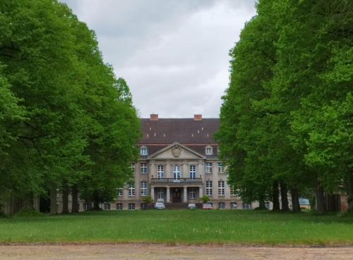 ein großes Gebäude mit Bäumen davor in der Unterkunft Jagdschloss-Bellin in Bellin