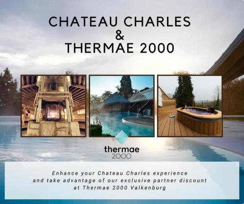 un collage de photos d'une piscine dans l'établissement Château Charles, à Pepinster