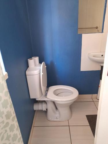 a blue bathroom with a toilet and a sink at Master Palace Guest House - Randfontien in Randfontein