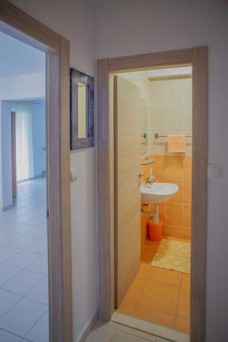 a bathroom with a shower and a sink and a toilet at Apartments Plenković in Stari Grad