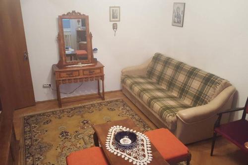 uma sala de estar com um sofá e um espelho em Three room apartment em Cluj-Napoca