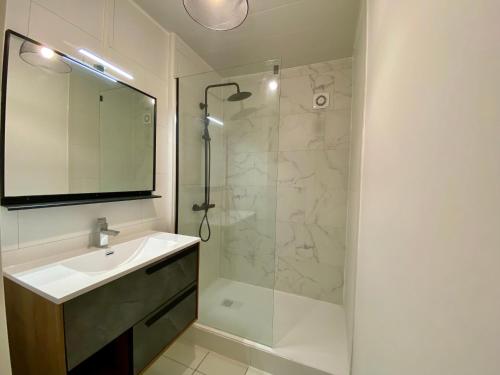La salle de bains est pourvue d'un lavabo et d'une douche. dans l'établissement Appartement 3 chambres travail et détente à Laval, à Laval