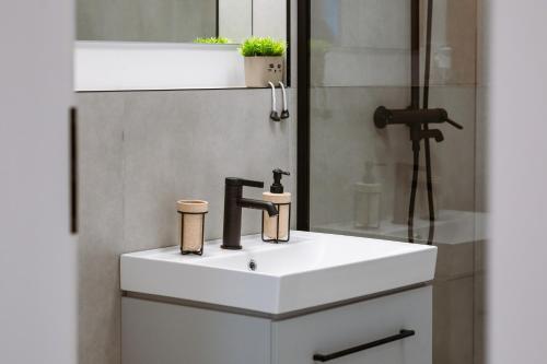 a bathroom with a white sink and a shower at Blue Sky Studio with pool and spa in Sinaia