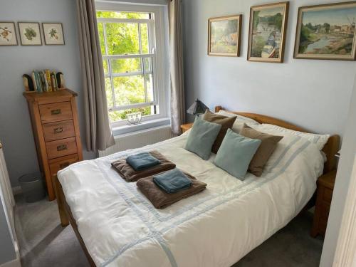 1 dormitorio con cama con almohadas y ventana en Lovely Charmouth cottage with log fire & garden close to beach, en Charmouth