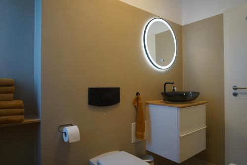 uma casa de banho com um lavatório e um WC com um espelho. em Apartment Carla em Senftenberg