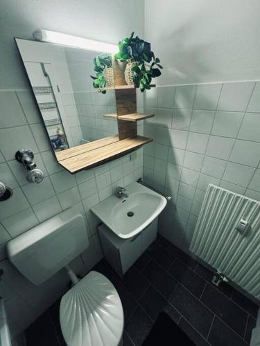 a bathroom with a sink and a toilet and a mirror at Willkommen im „happines(t)“ in Haslach
