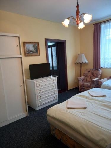 um quarto com uma cama e uma cómoda com uma televisão em Vila Terezie em Staré Splavy
