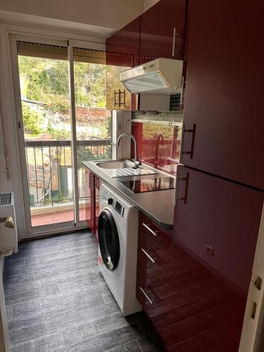 une cuisine avec un évier et une machine à laver dans l'établissement F1 - 8MIN DE LA PLAGE - 5MIN TRAMWAY, à Nice