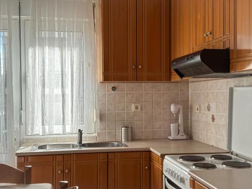 a kitchen with a sink and a stove and a window at Faros Axd Odysseus Apartment in Alexandroupoli