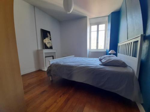 a bedroom with a bed and a blue wall at Magnifique maison avec terrasse in Château-Thierry