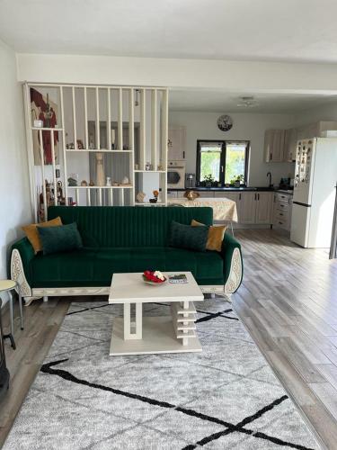 sala de estar con sofá verde y mesa en Mimi house, en Baia de Fier