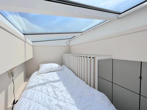 ein Schlafzimmer mit einem Bett und einem Dachfenster in der Unterkunft Nieuw Noorderland op Terschelling in Midsland