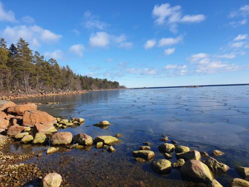 a beach with some rocks in the water at Bed & Breakfast de Jager in Strömsbruk