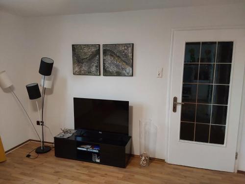 a living room with a flat screen tv and a door at Appartment B 40 in Pirmasens