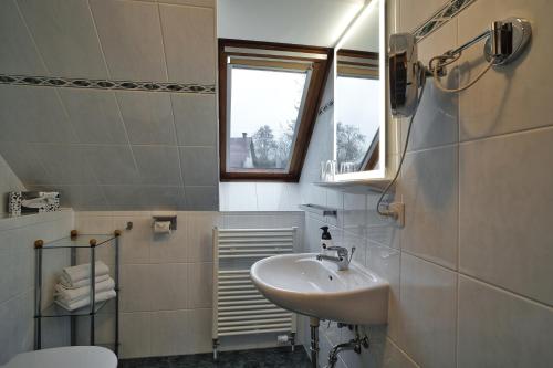 a bathroom with a sink and a toilet and a window at Luisenhof in Neuglobsow