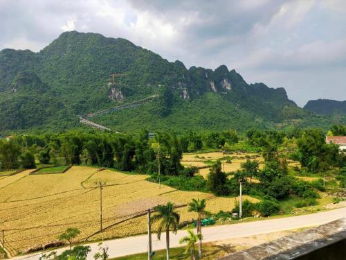 una carretera frente a una montaña con palmeras en Khách sạn So Oanh gần thác Bản giốc, en Cao Bằng