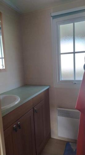 une salle de bain avec un lavabo et une fenêtre dans l'établissement Mobil-home, à Pont-Aven