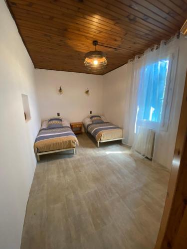 une chambre avec deux lits et une fenêtre dans l'établissement MAISON DE CAMPAGNE à GIgnac, à Gignac