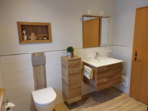 a bathroom with a white toilet and a sink at Ferienwohnung Udo und Stefani Laux in Berg